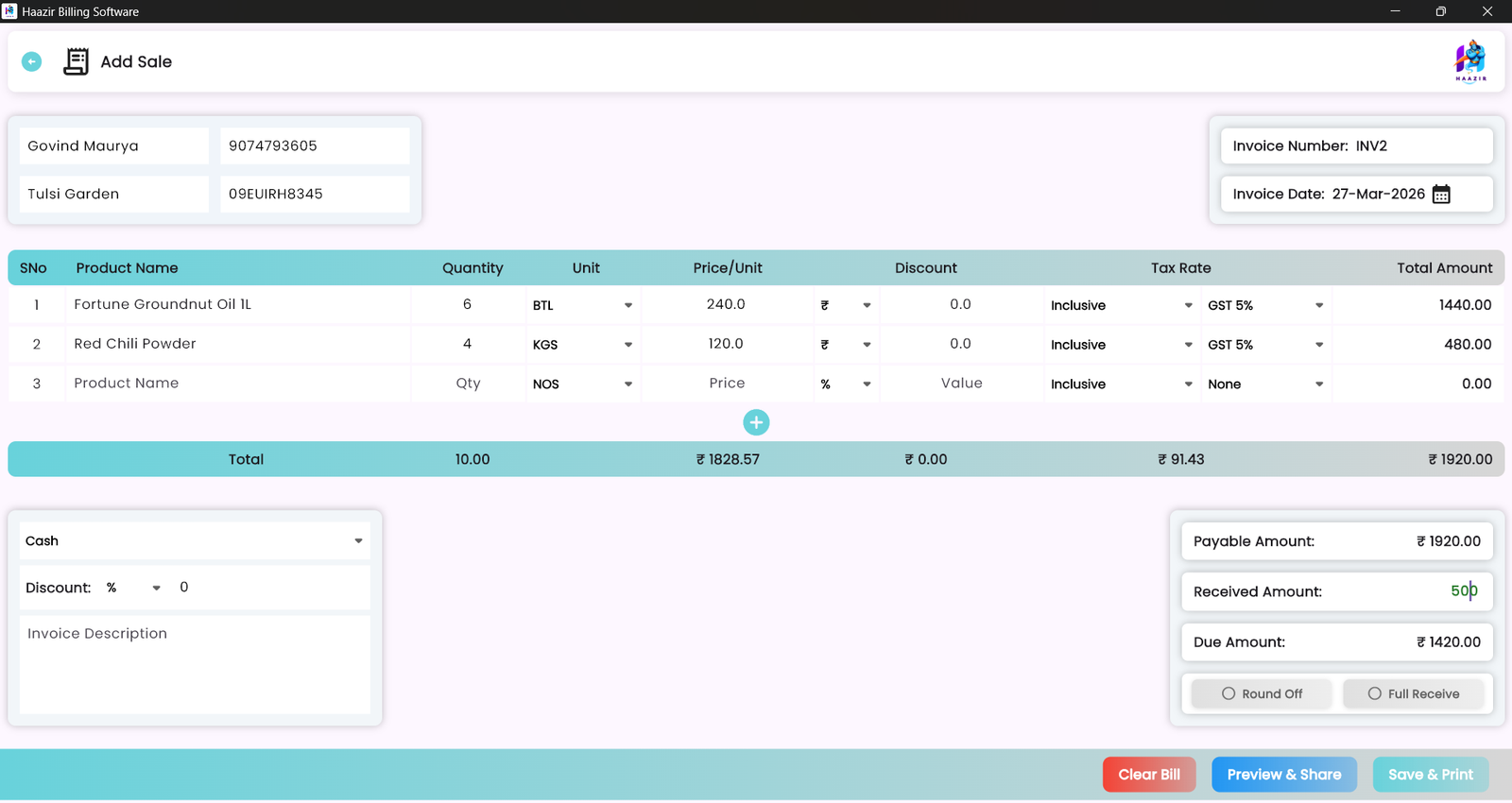 Haazir Billing Software - Invoice Generation